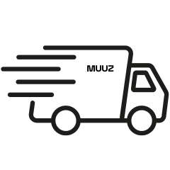 Illustration af leveringsbil med MUUZ-logo – symbol på hurtig forsendelse via DAO og GLS, pakket med kvalitet og afsendt inden for 24 timer