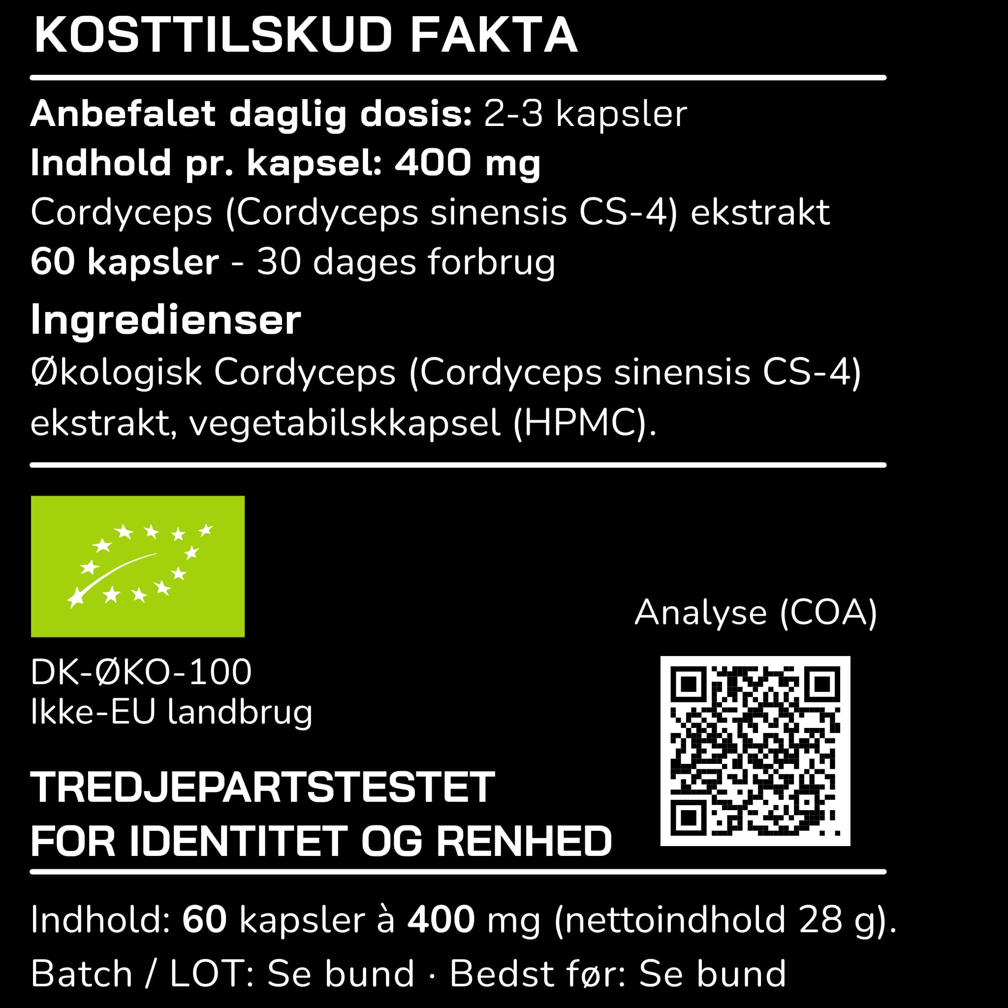 Kosttilskud fakta for MUUZ Cordyceps kapsler med dosering, ingredienser og indhold pr. kapsel