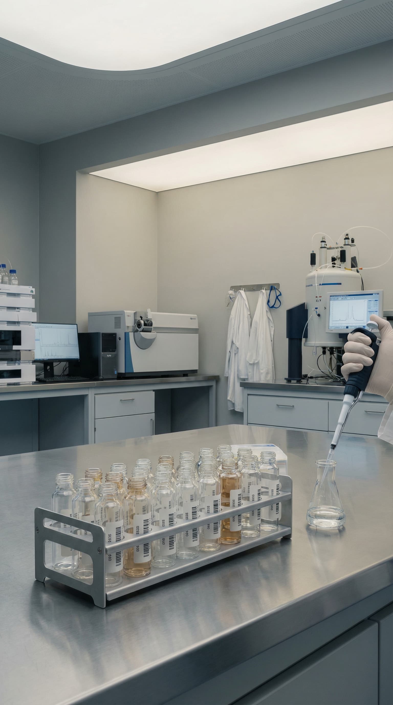 Laboratoriemiljø med mærkede prøveglas og pipettering, der illustrerer forberedelse og håndtering af prøver til analytisk testning under kontrollerede laboratorieforhold.