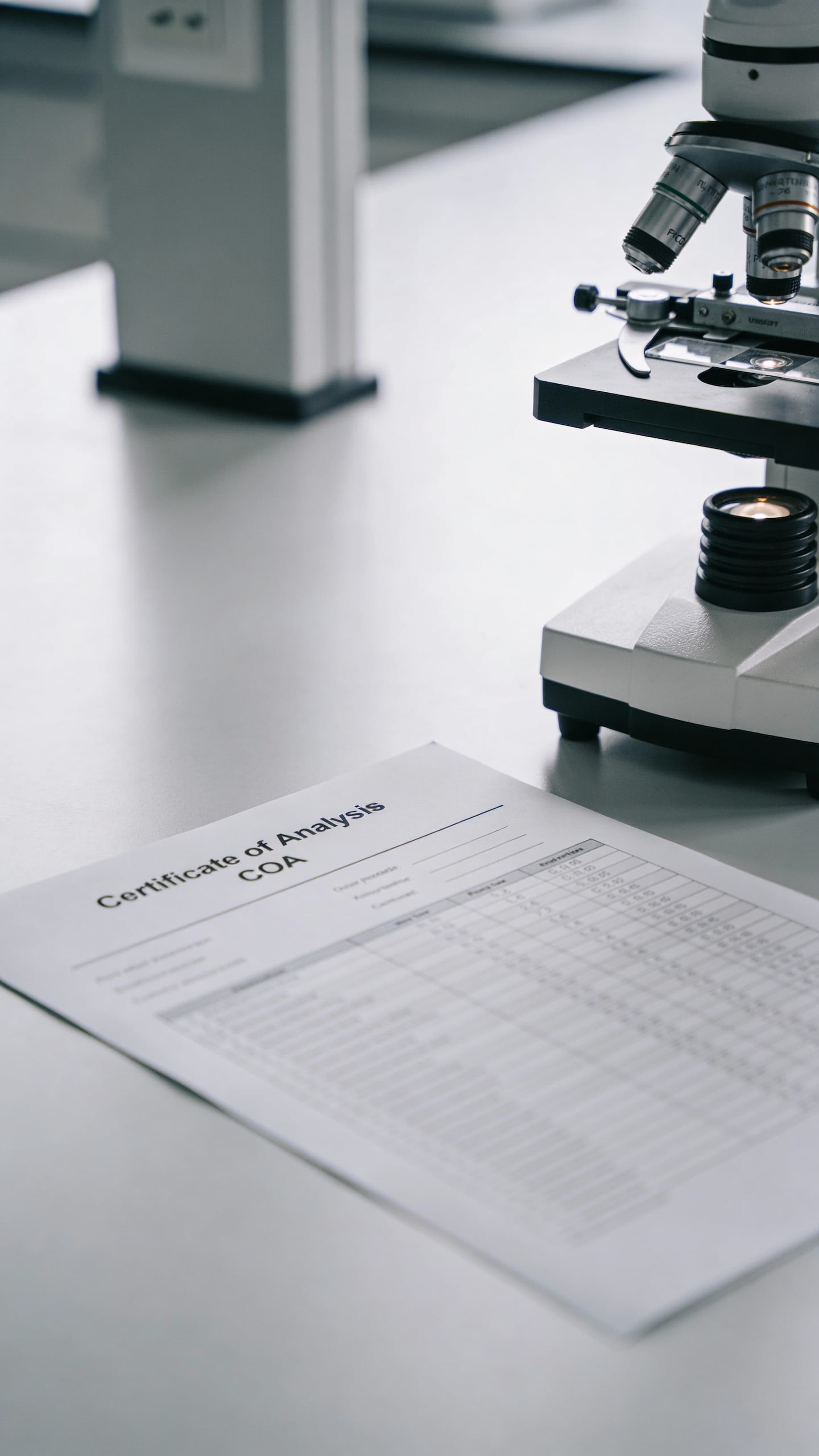 Laboratorieopsætning med mikroskop og Certificate of Analysis (COA), som illustrerer analytisk testning, batch-specifik dokumentation og sporbarhed i kvalitetskontrol af svampeekstrakter.