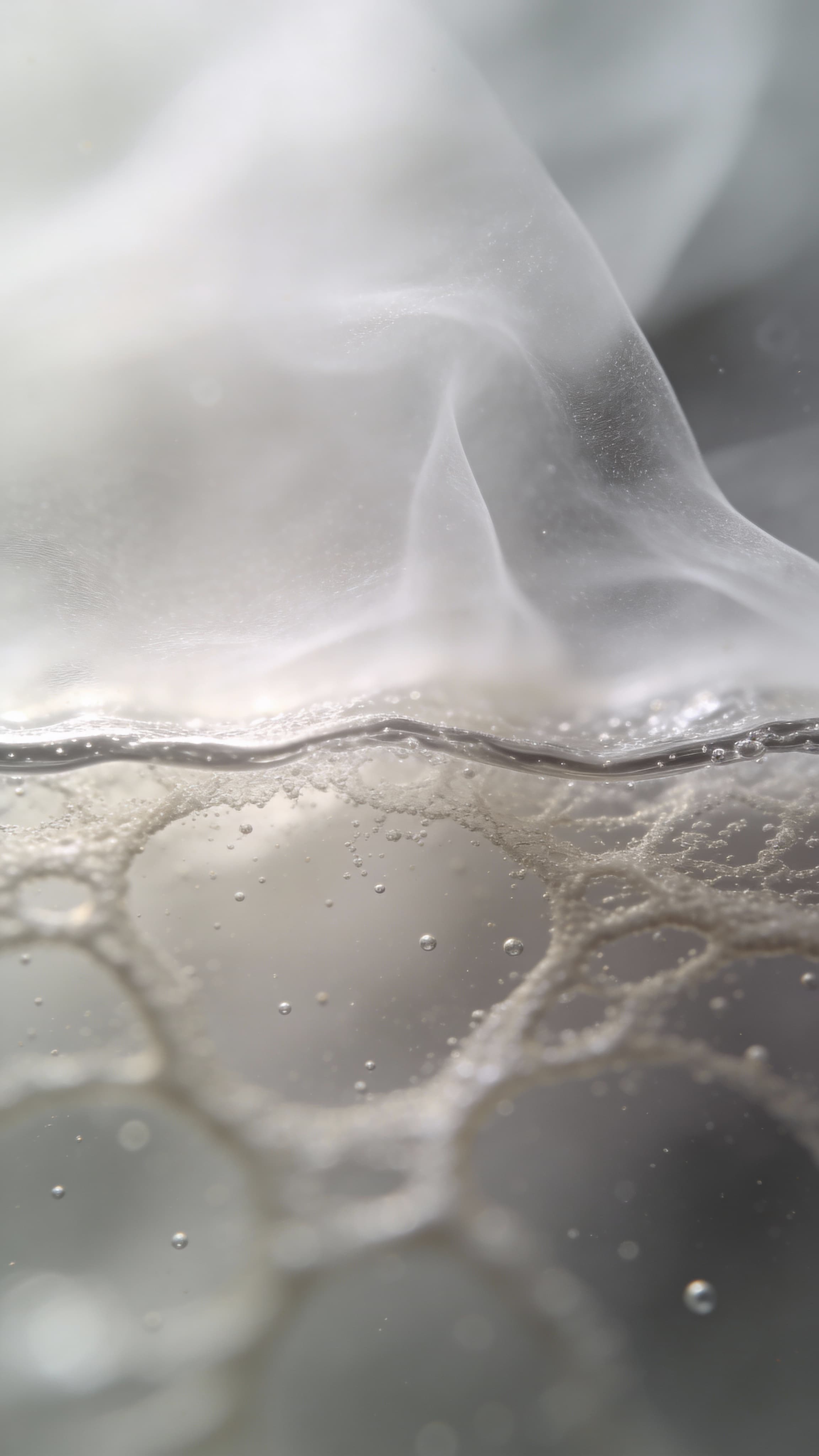 Abstrakt nærbillede af væske under ekstraktionsproces, der visualiserer opløselige forbindelser, faseadskillelse og materialets overgang fra fast struktur til flydende ekstrakt.