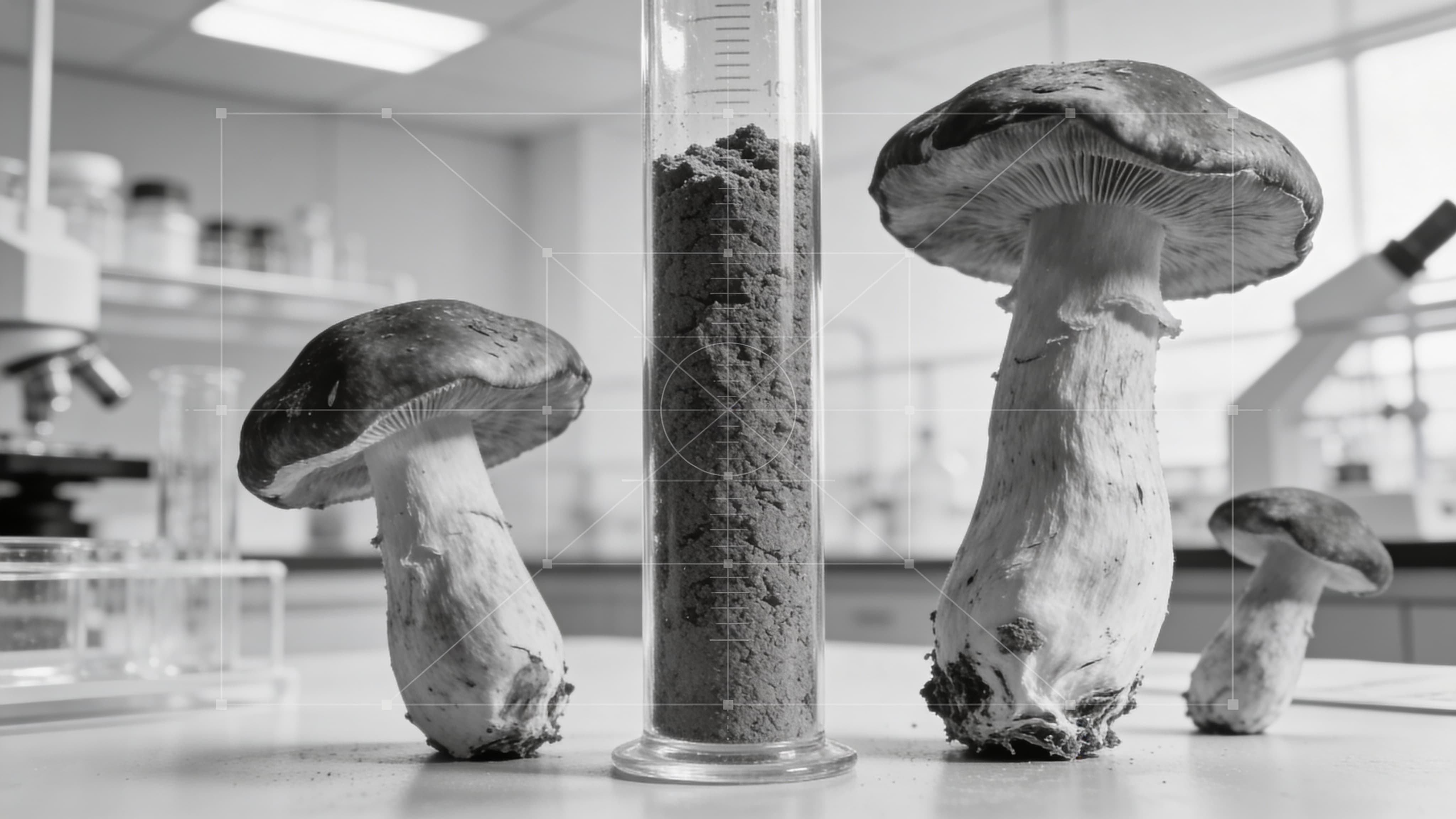 Sammenstilling af hele svampe og forarbejdet svampemateriale i laboratoriemiljø, der illustrerer forskellen mellem naturlig råvare og standardiseret materiale anvendt til analytisk testning og dokumentation.