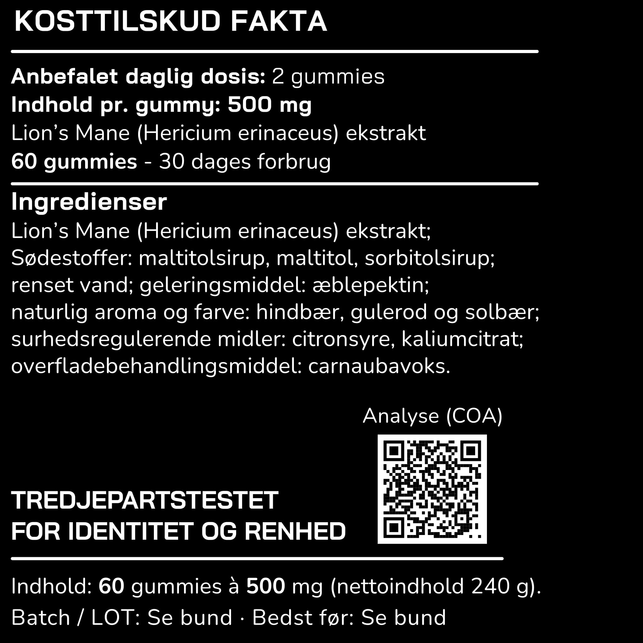 MUUZ Lion’s Mane gummies kosttilskud fakta label med 500 mg ekstrakt pr. gummy, ingredienser, dosering og QR-kode til batchanalyse (COA)