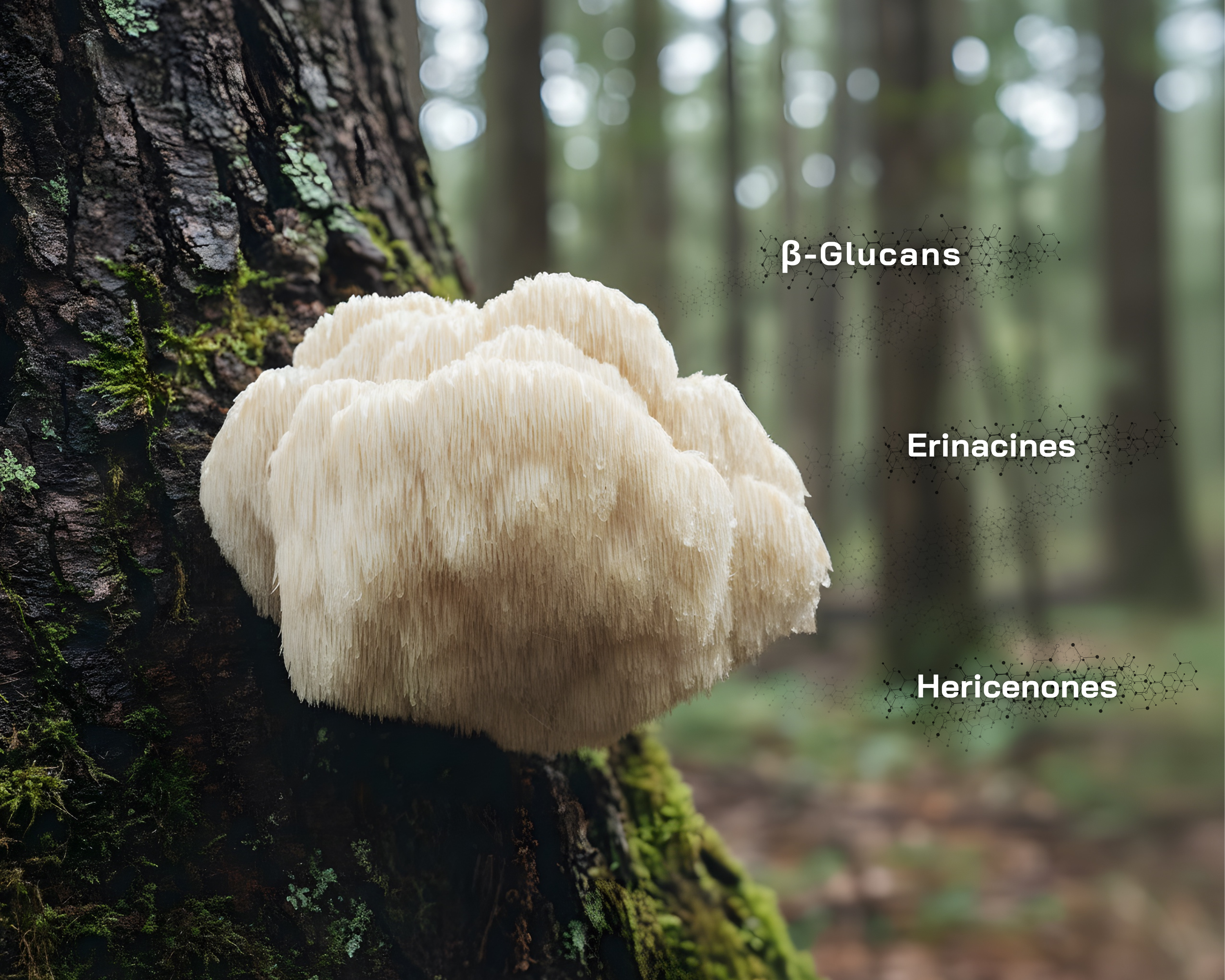 Lion’s Mane svamp (Hericium erinaceus) på træstamme i skovmiljø med visuel fremhævelse af beta-glucans, erinaciner og hericenoner