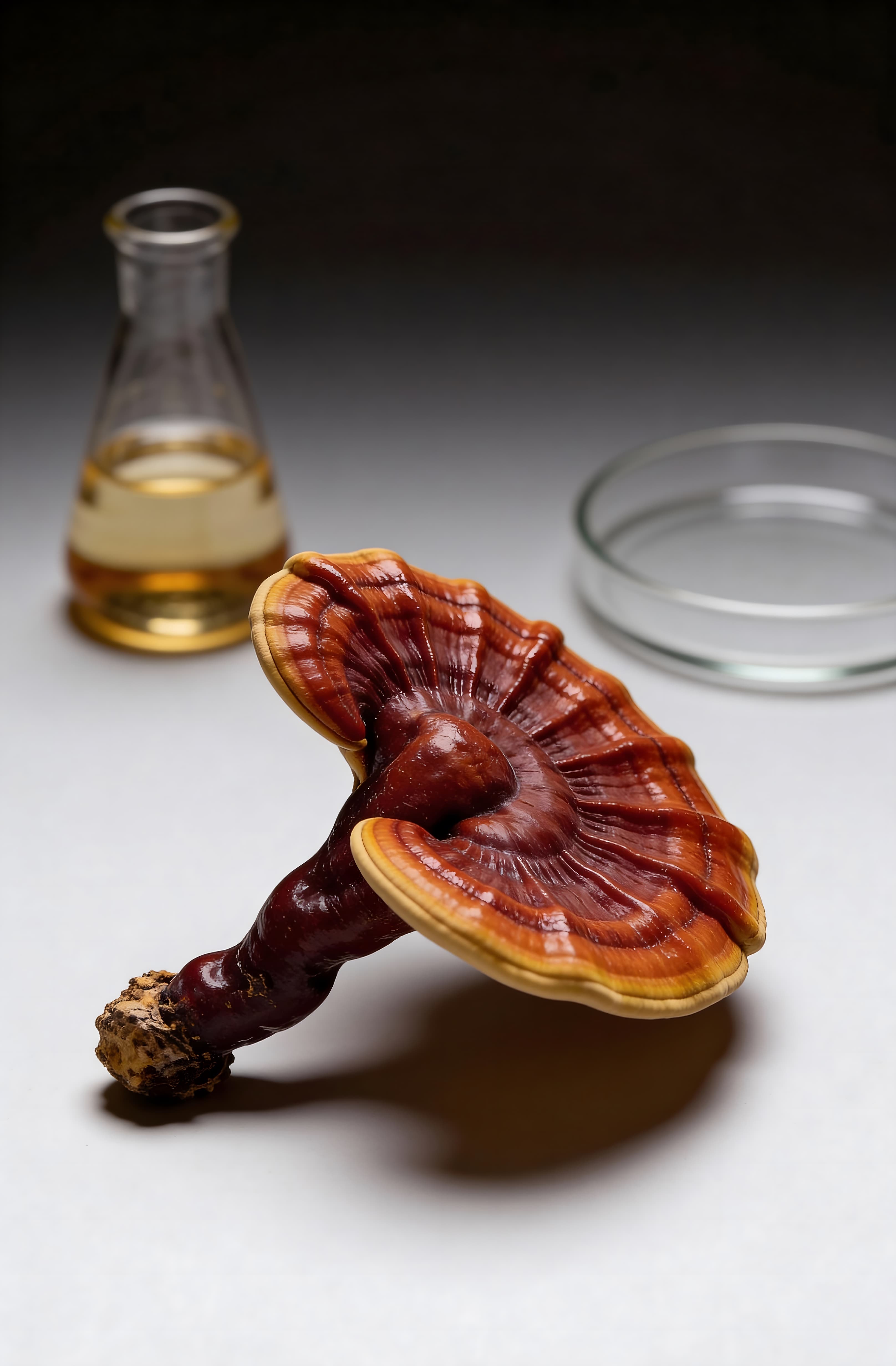 Reishi-svamp fotograferet i studie med laboratorieglas, anvendt som dokumentarisk billedreference i MUUZ Meet the Mushrooms.