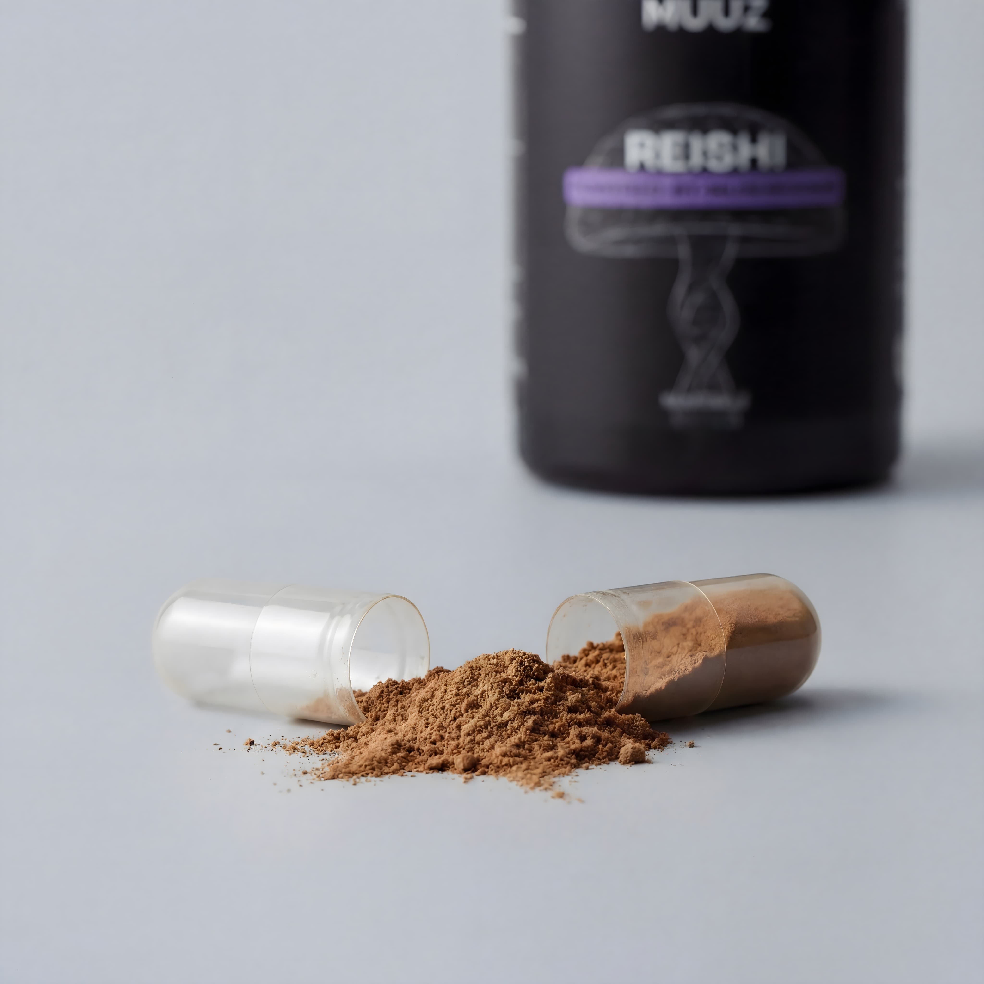 Reishi svampeekstrakt som fint pulver fra åben kapsel foran MUUZ kosttilskud i et minimalistisk skandinavisk setup