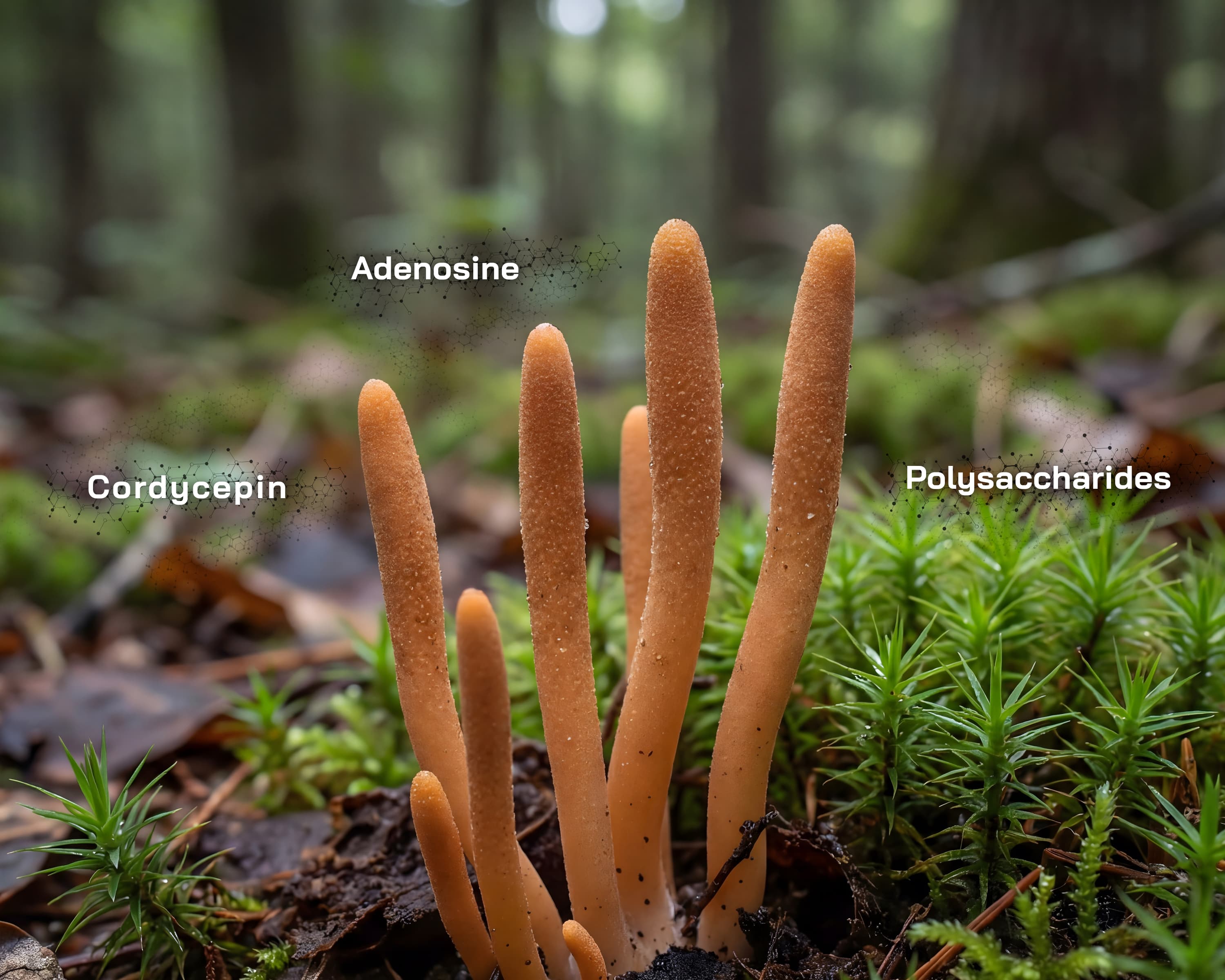 Cordyceps svamp i naturligt skovmiljø med visuel reference til polysaccharides, cordycepin og adenosine