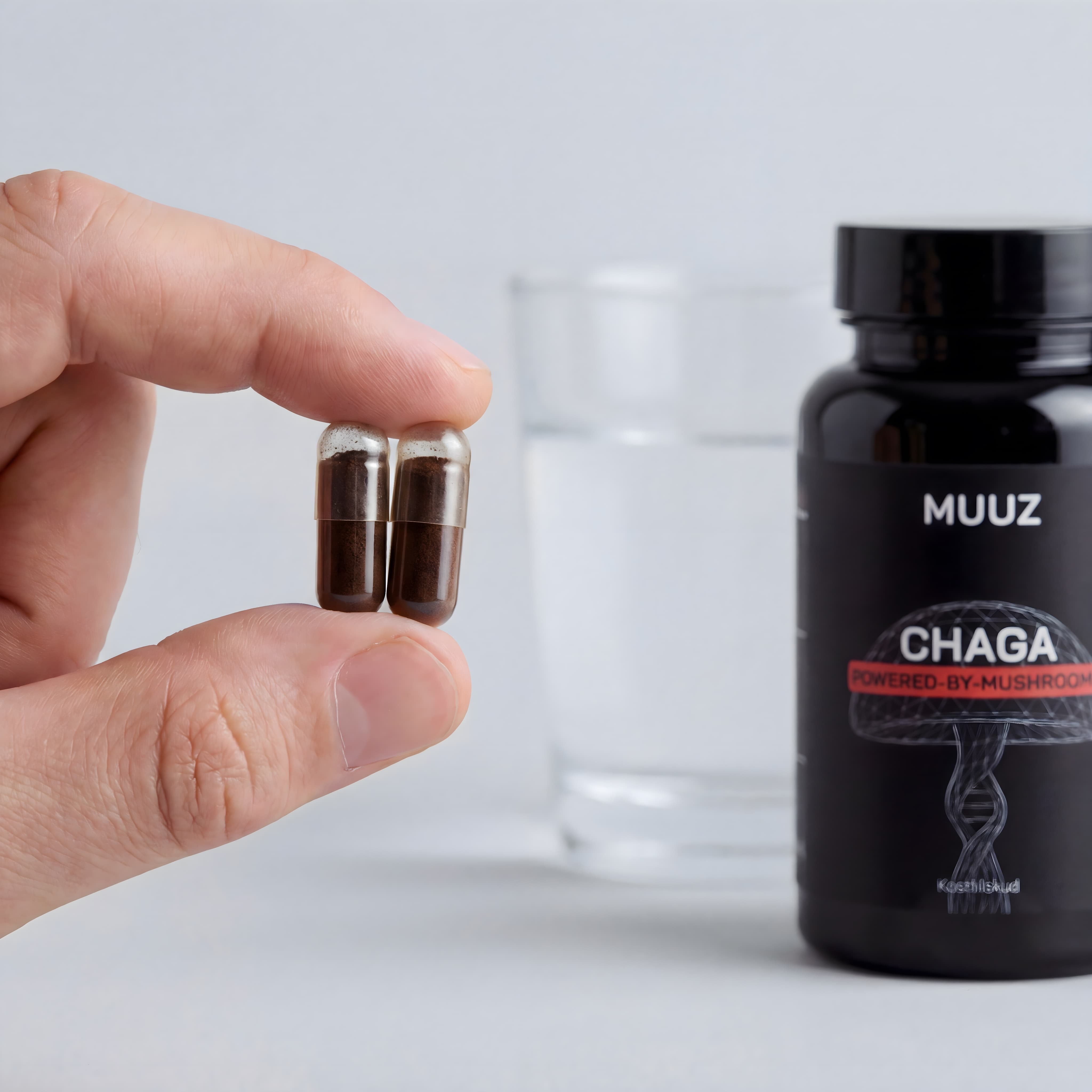 Chaga kapsler holdt mellem fingre med glas vand og MUUZ kosttilskud i baggrunden på lys grå baggrund