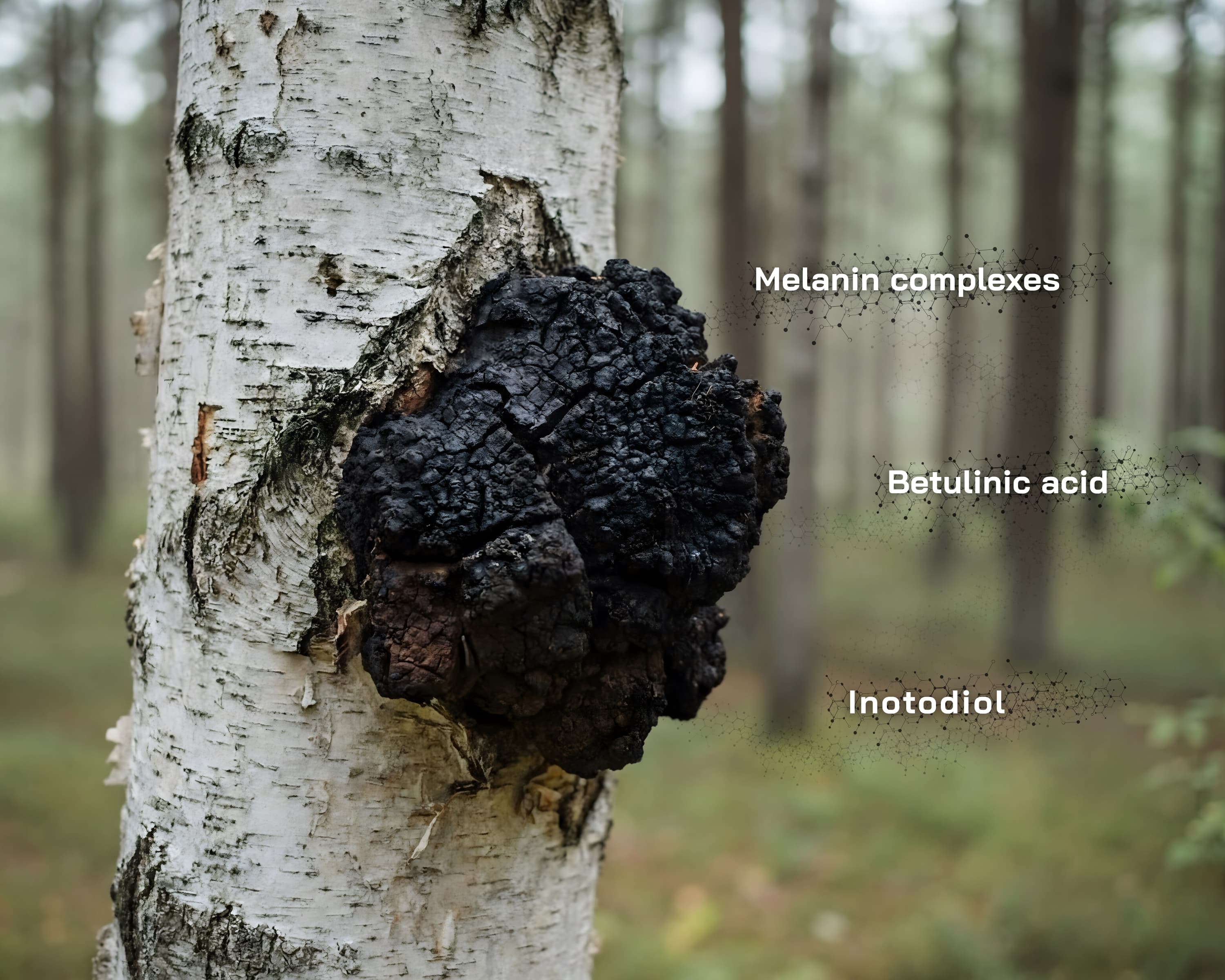 Chaga-svamp (Inonotus obliquus) der vokser naturligt på birketræ i skovmiljø og viser råmaterialets struktur samt naturligt forekommende forbindelser som melanin-komplekser, betulinsyre og inotodiol.