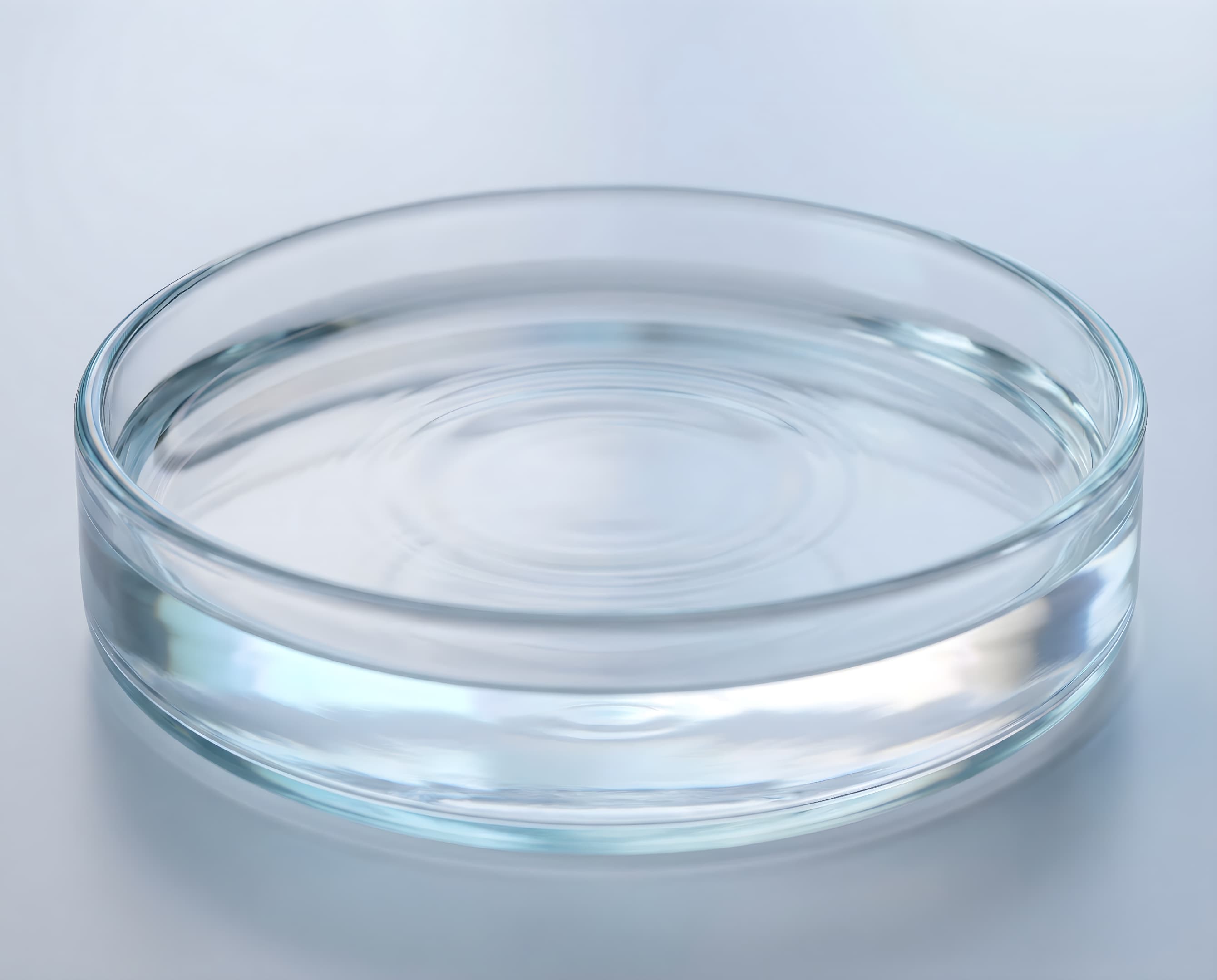 Laboratorie petriskål med klar væske og subtil ripple, symboliserer analyse og måling
