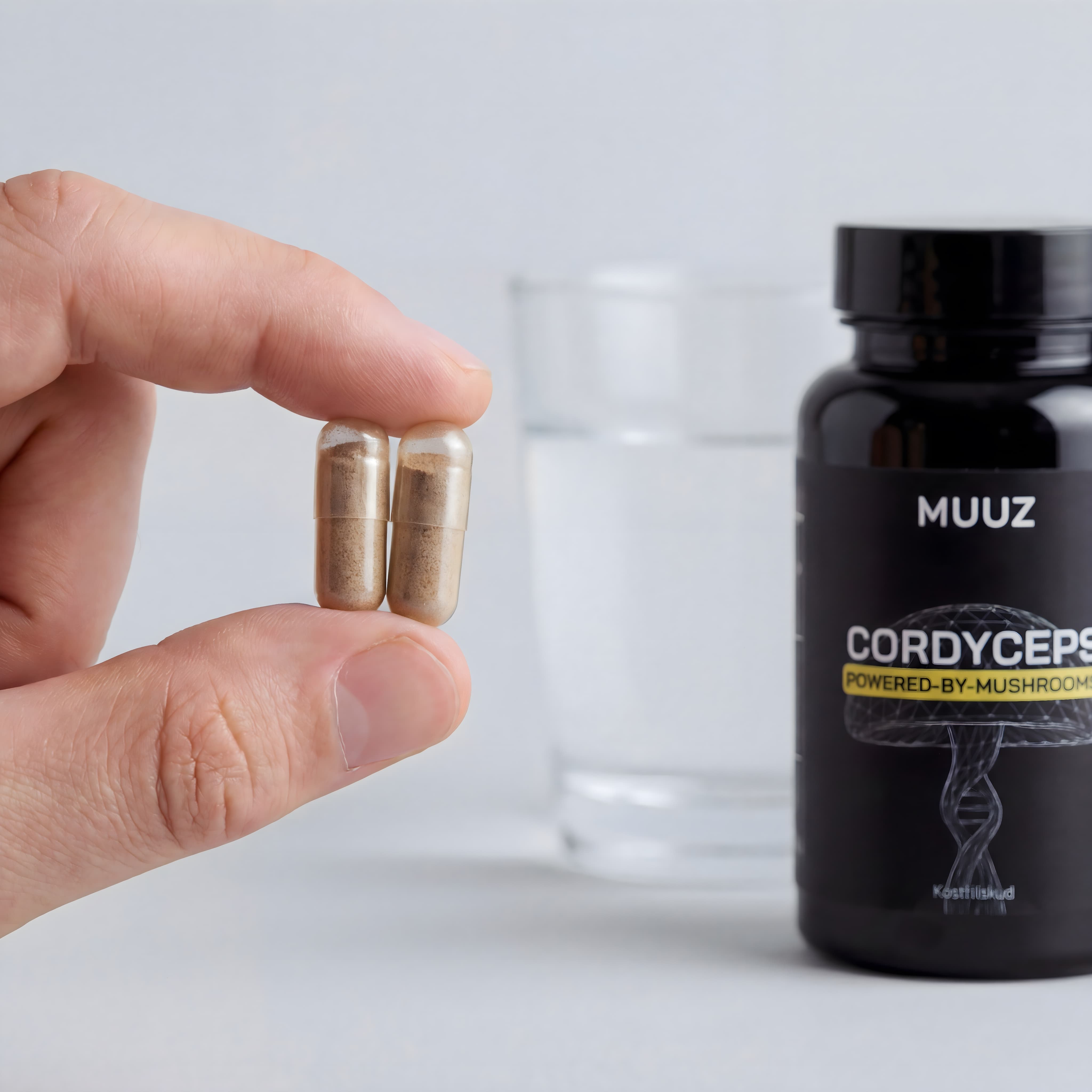 Cordyceps svampe kapsler fra MUUZ holdt i hånden med flaske i baggrunden
