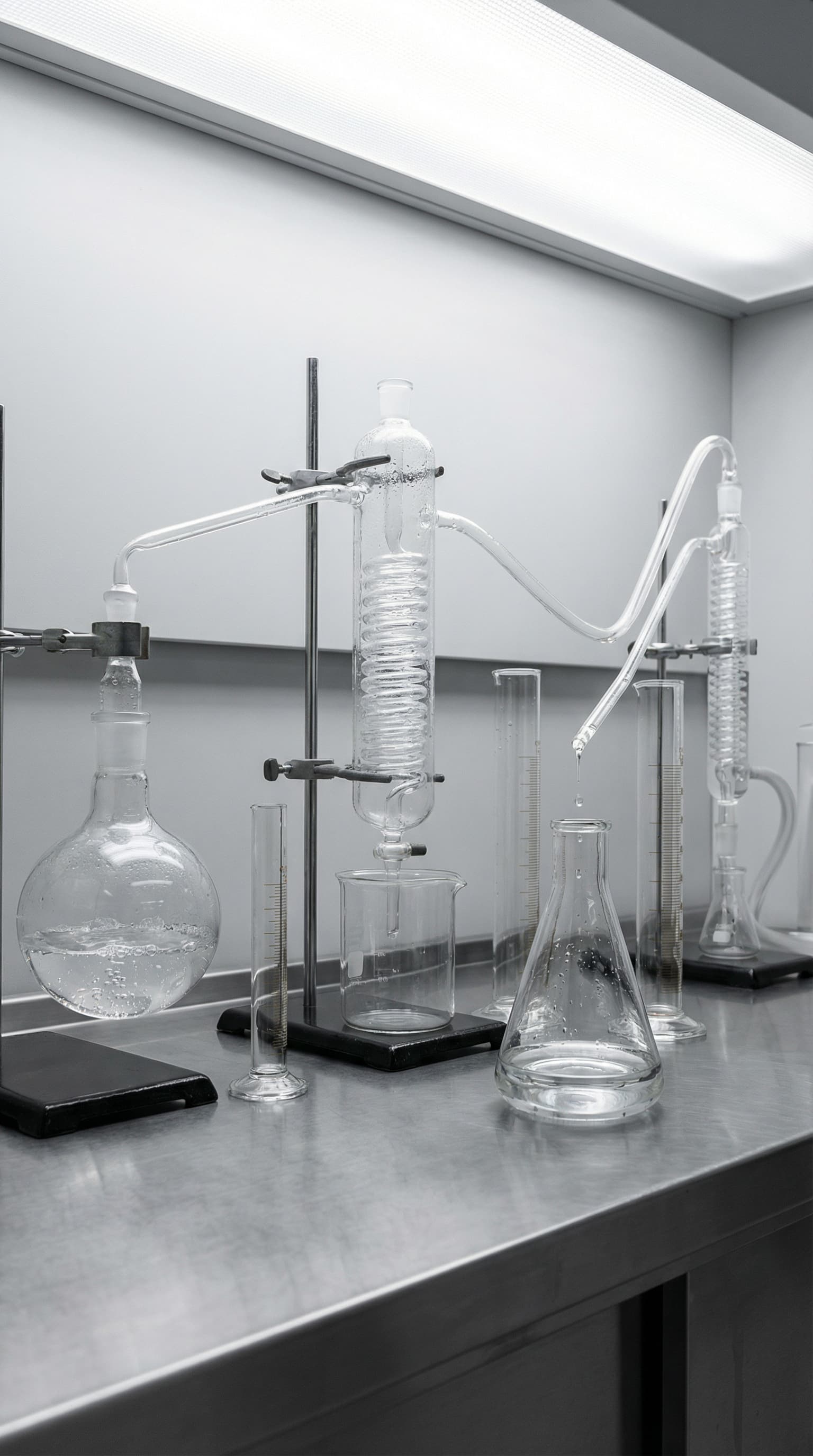 Laboratorieopstilling med glasudstyr anvendt til kontrollerede ekstraktionsprocesser, der illustrerer cirkulation, kondensering og opsamling af opløsningsmidler under standardiserede laboratorieforhold.