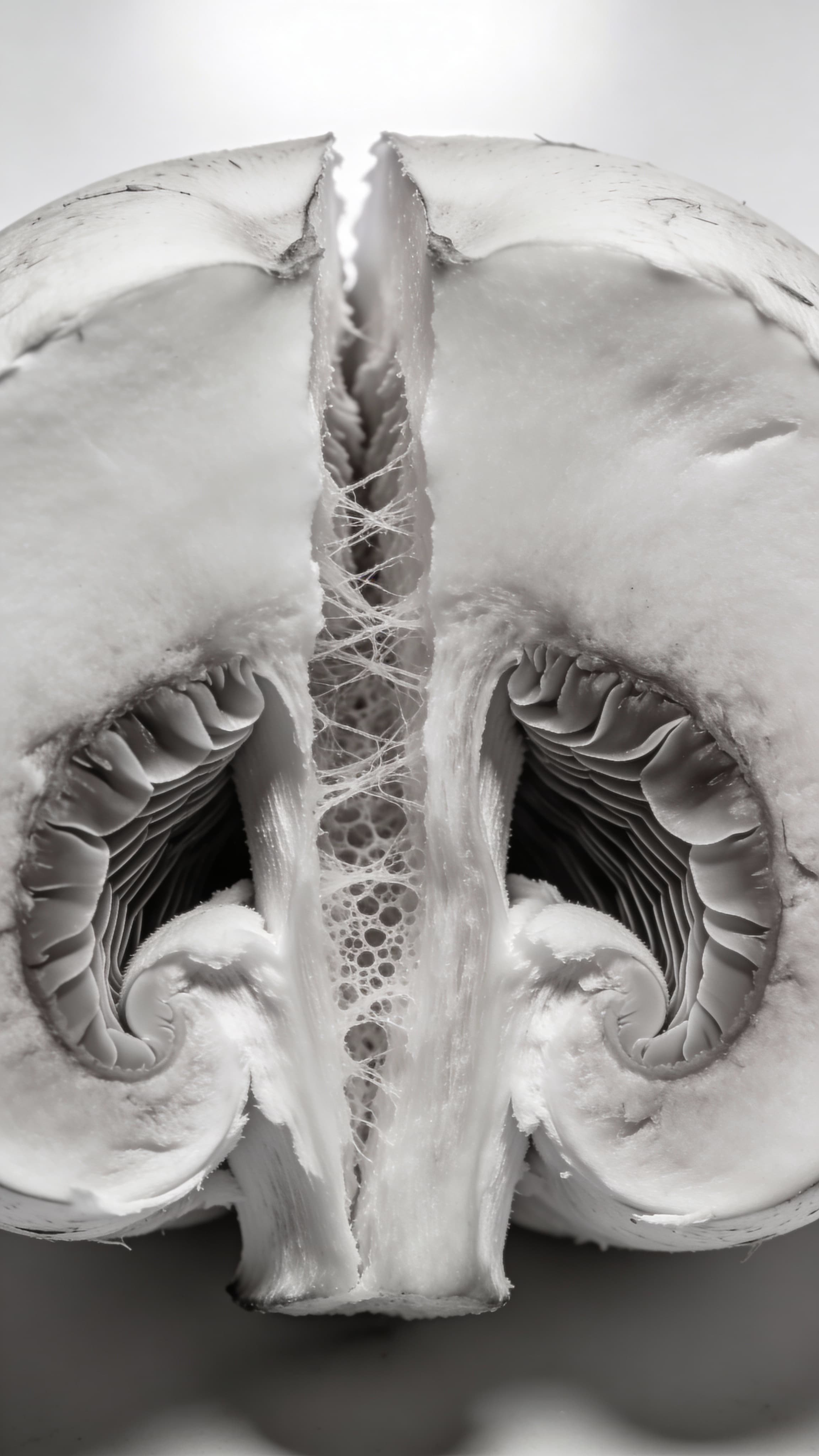 Illustration af svampens indre struktur, hvor bioaktive forbindelser er indlejret i en kompleks cellevæg af blandt andet beta-glucaner og kitin, hvilket forklarer behovet for kontrolleret forarbejdning og ekstraktion.