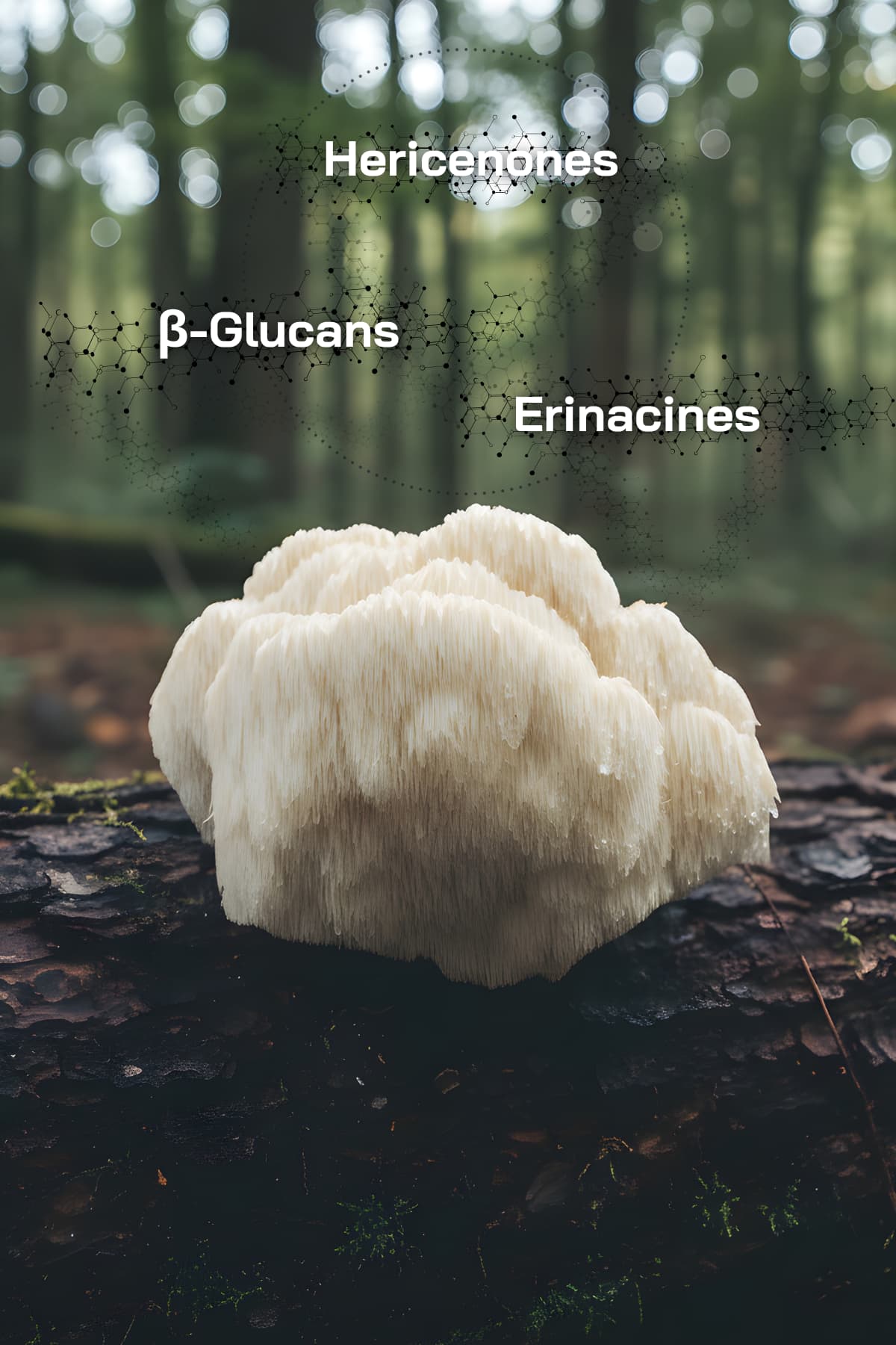 Lion’s Mane svamp (Hericium erinaceus) i naturen med visuel fremhævelse af beta-glucans, erinaciner og hericenoner
