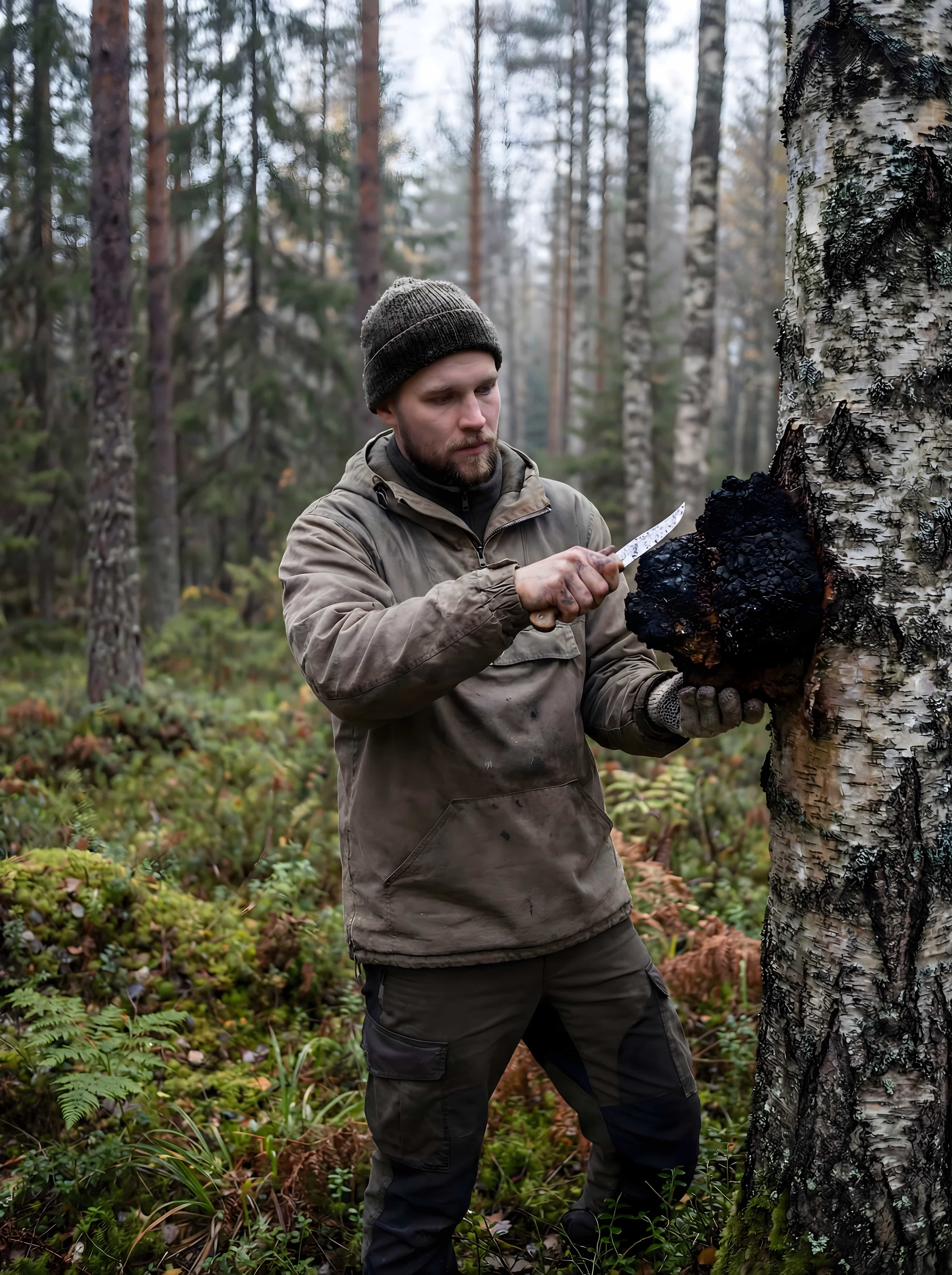 Mand høster chaga (Inonotus obliquus) fra birketræ i finsk skov, dokumenteret i naturligt skovmiljø med fokus på traditionel indsamling.