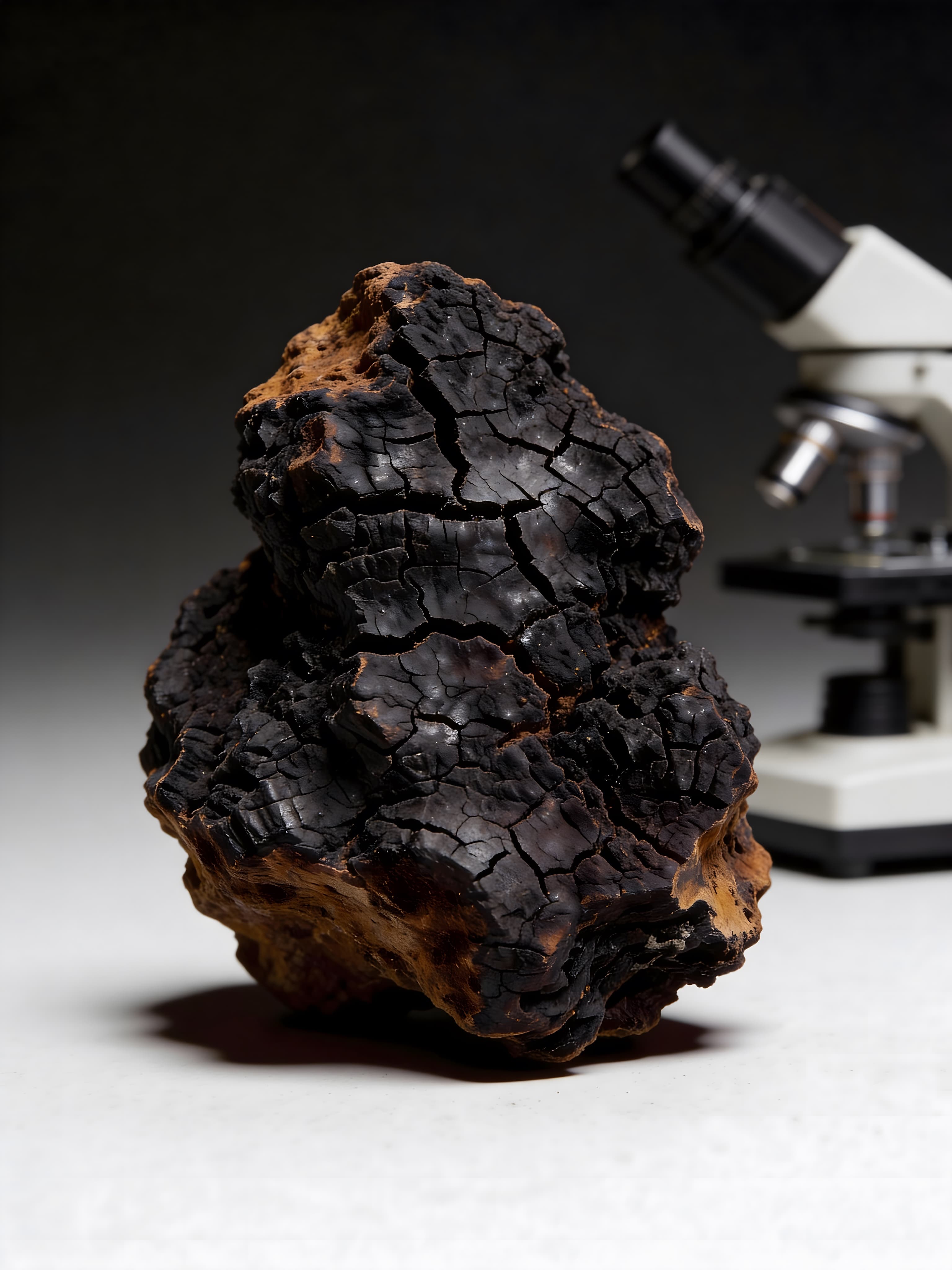 Chaga (Inonotus obliquus) fotograferet i studie med makrofokus på den sprukne, mørke overflade, placeret foran et mikroskop i laboratoriemiljø.
