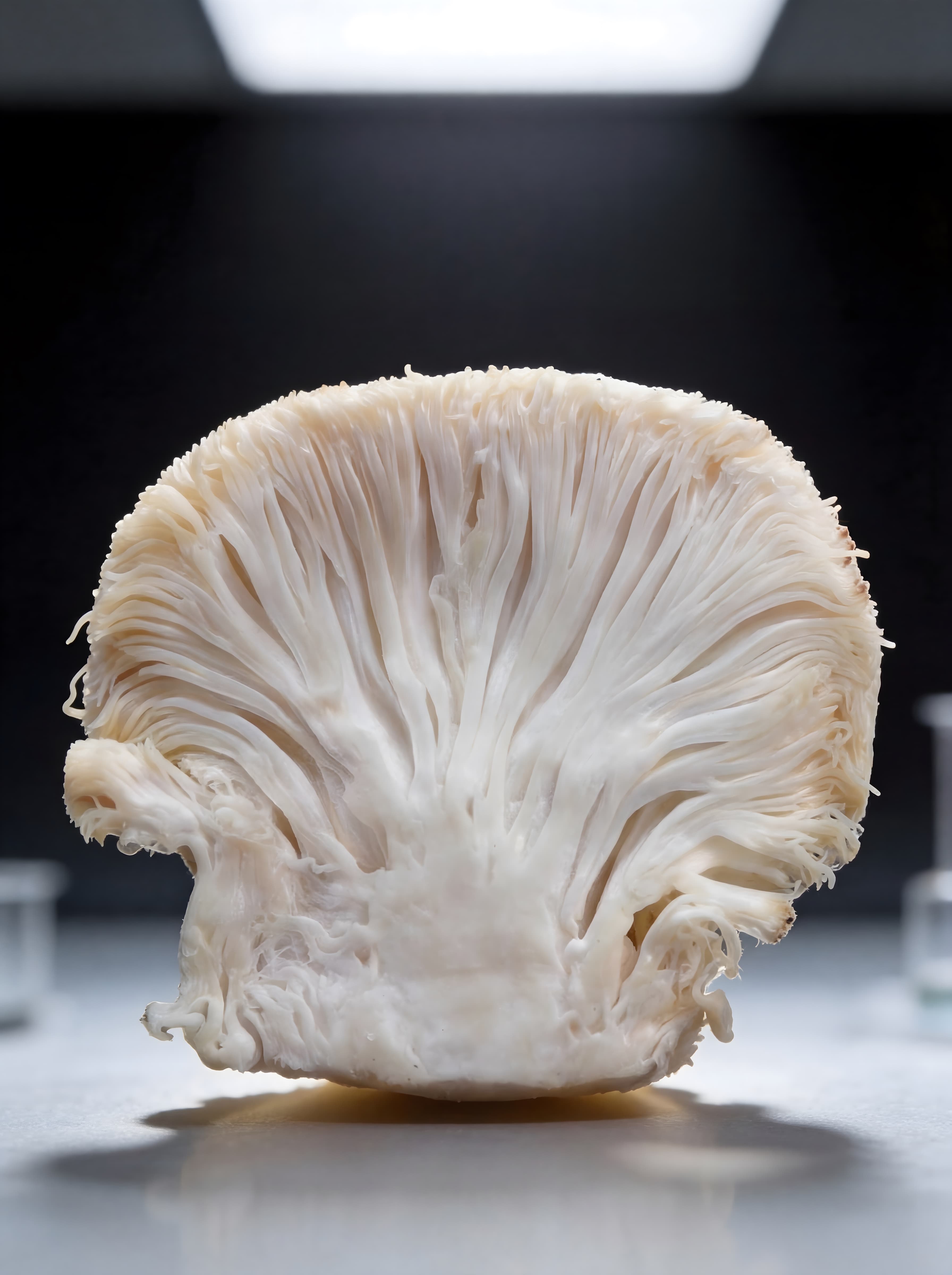Lion’s Mane frugtlegeme placeret i laboratorisk miljø med fokus på struktur og råvarens opbygning