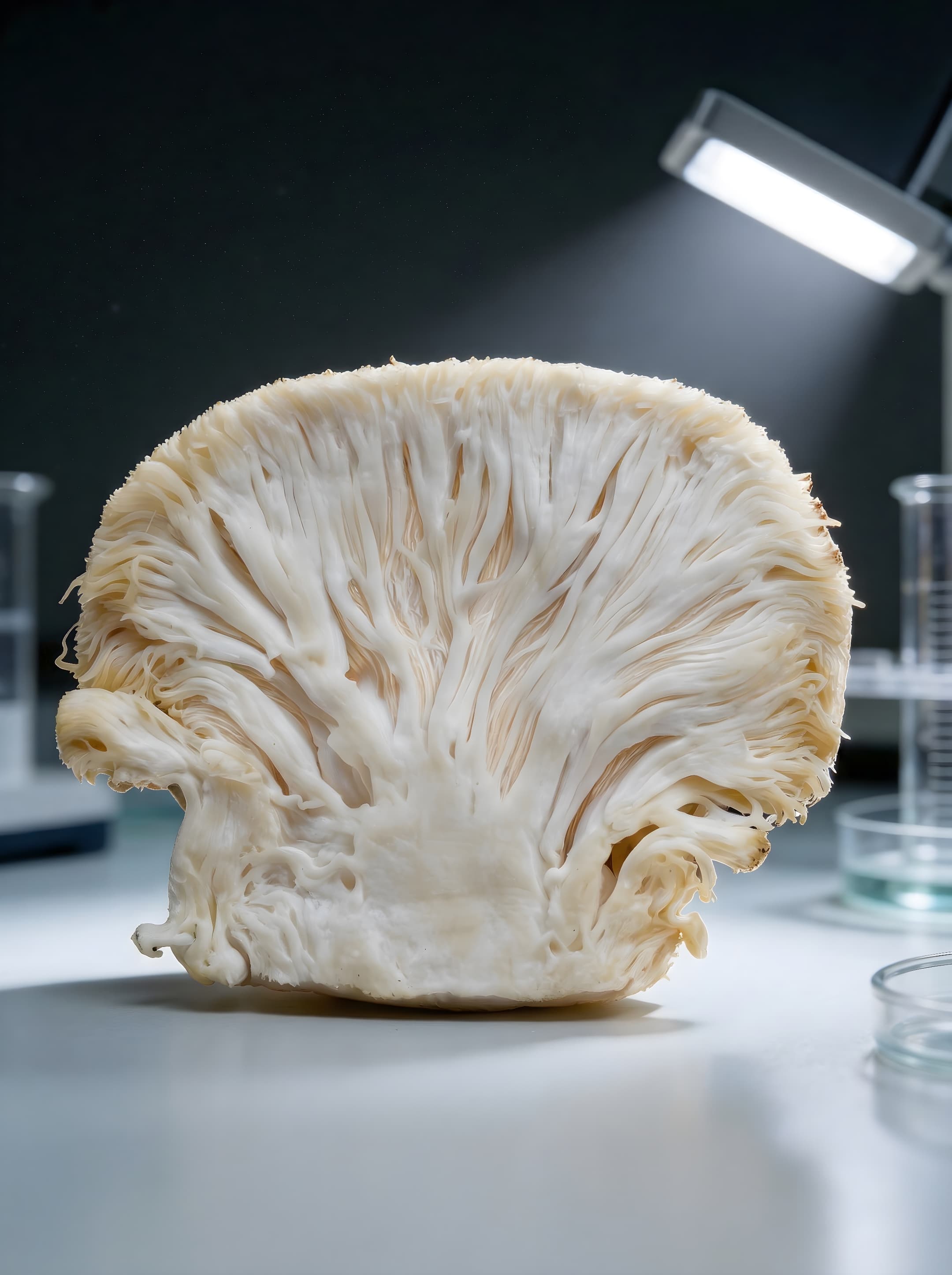 Tværsnit af Lion’s Mane frugtlegeme belyst i laboratorisk kontekst for visuel dokumentation af struktur