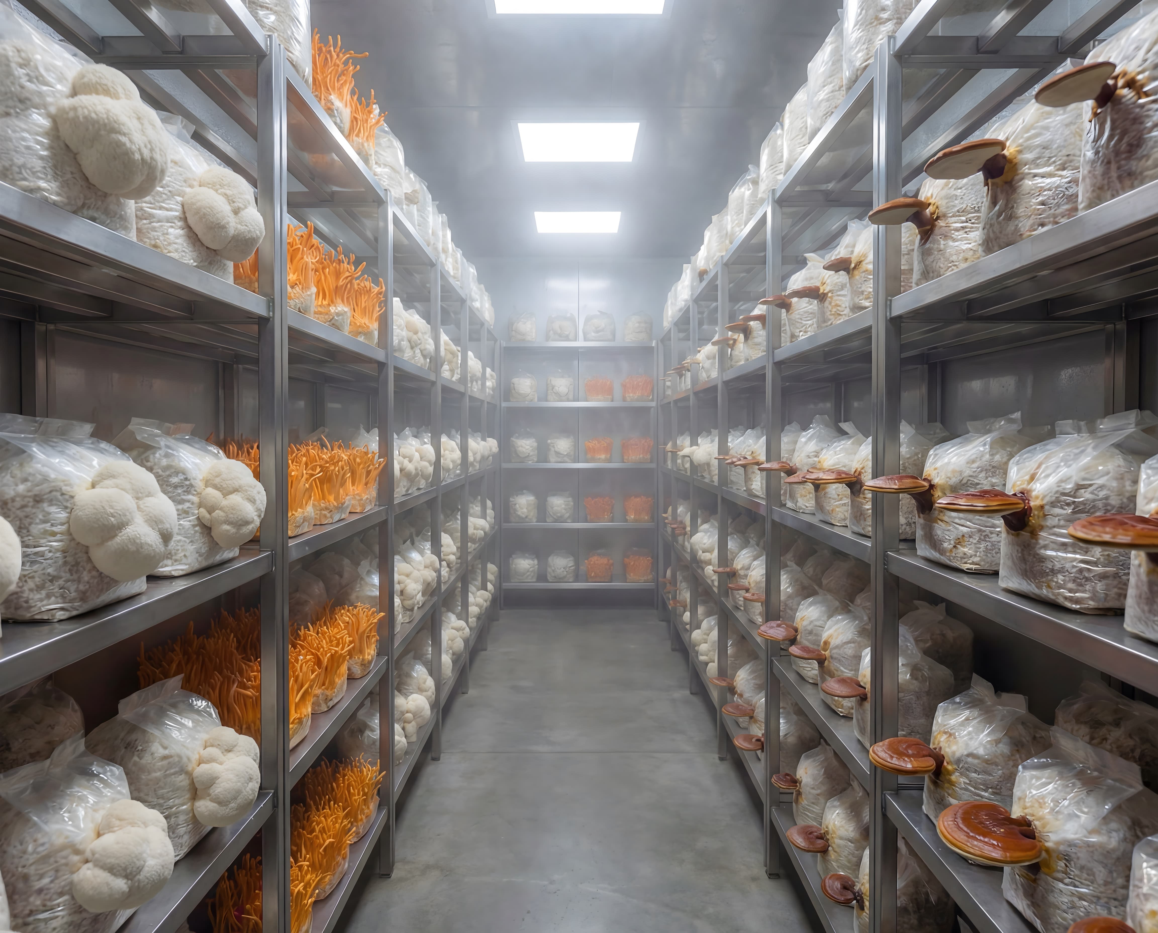 Kontrolleret dyrkning af Lion’s Mane, Cordyceps og Reishi i moderne svampekammer med ensartede forhold