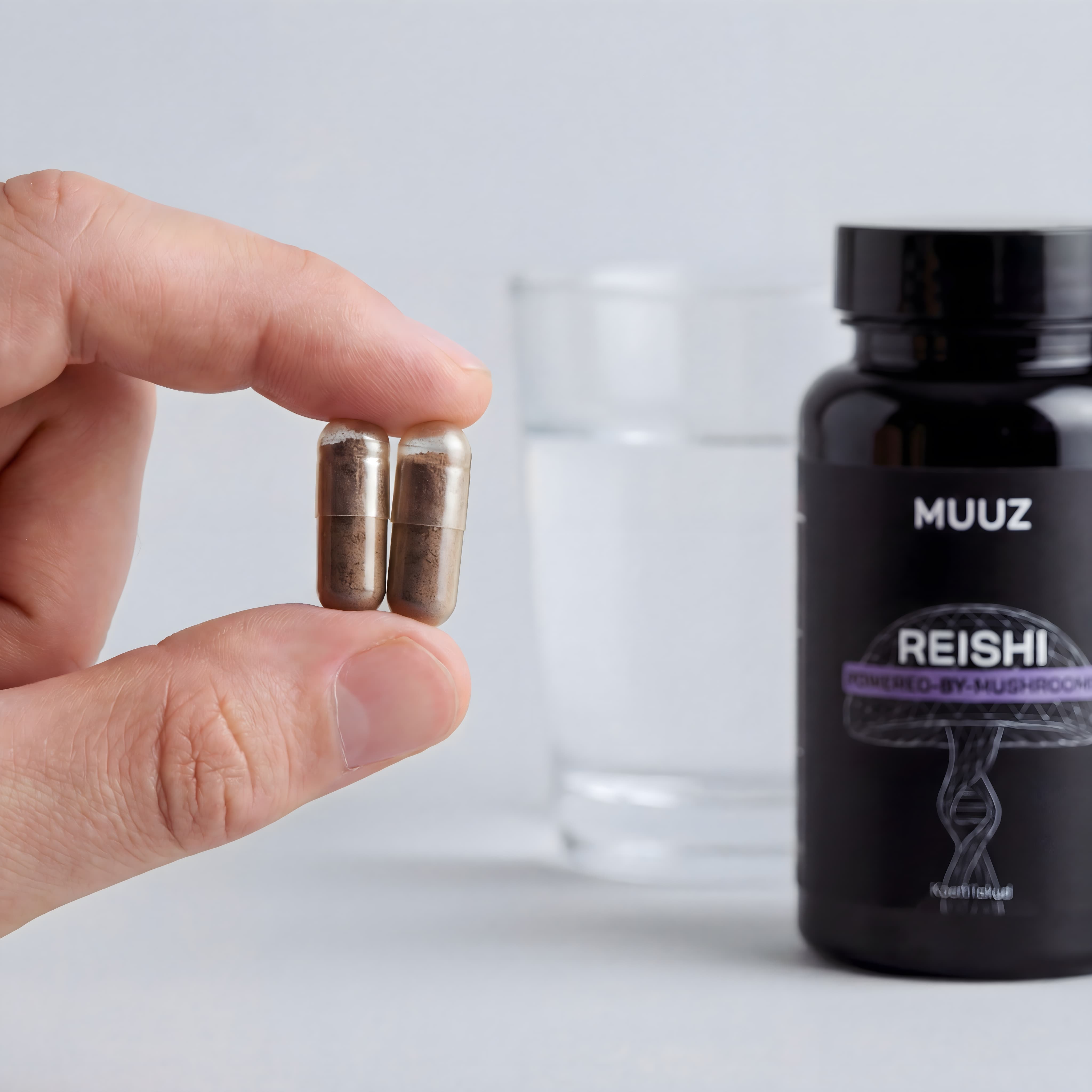 Reishi kapsler holdt mellem fingre foran MUUZ kosttilskud med glas i baggrunden i et minimalistisk skandinavisk setup