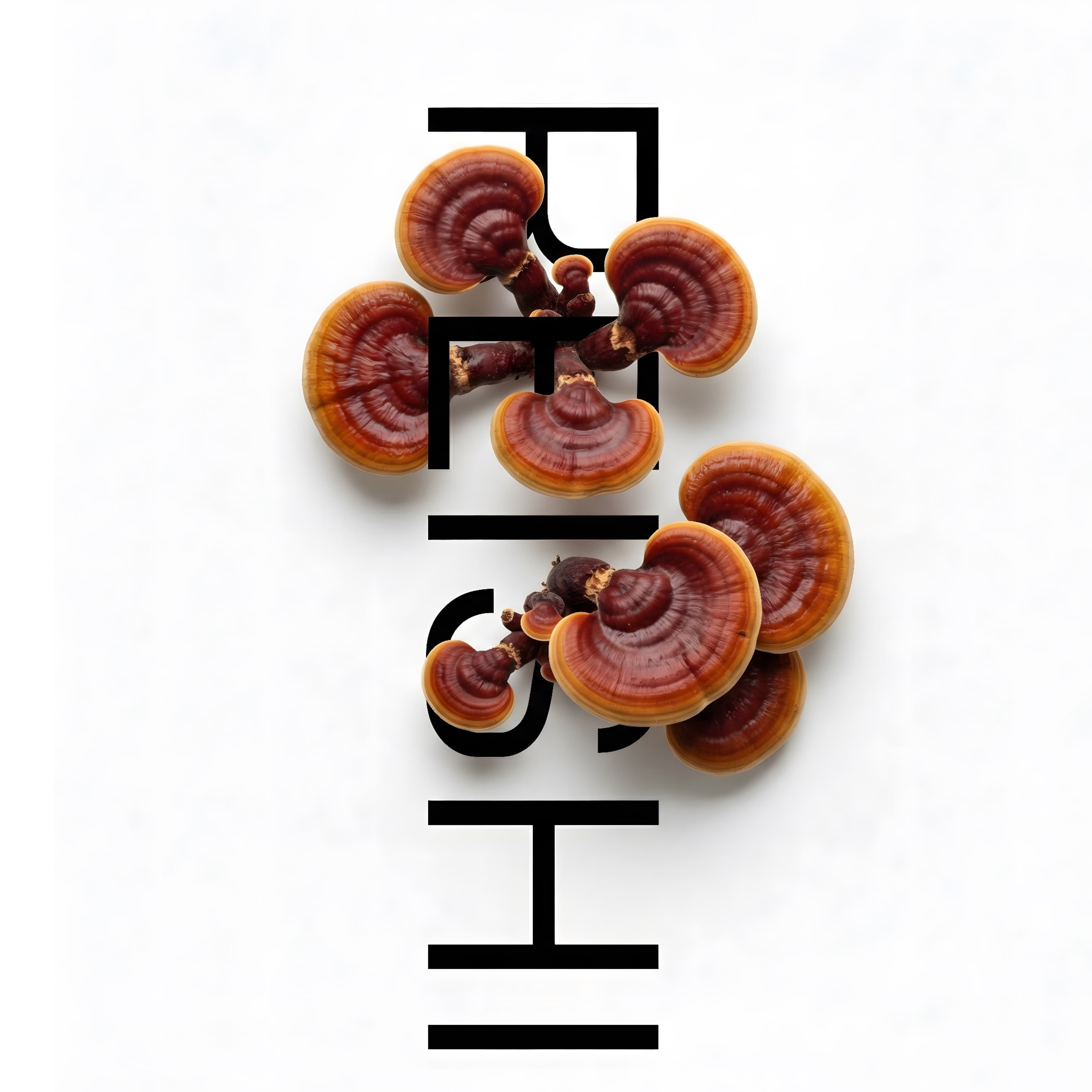 Reishi-svampe (Ganoderma lucidum) integreret i sort typografi på hvid baggrund med synlige lagdelte frugtlegemer og karakteristisk lakeret overflade.