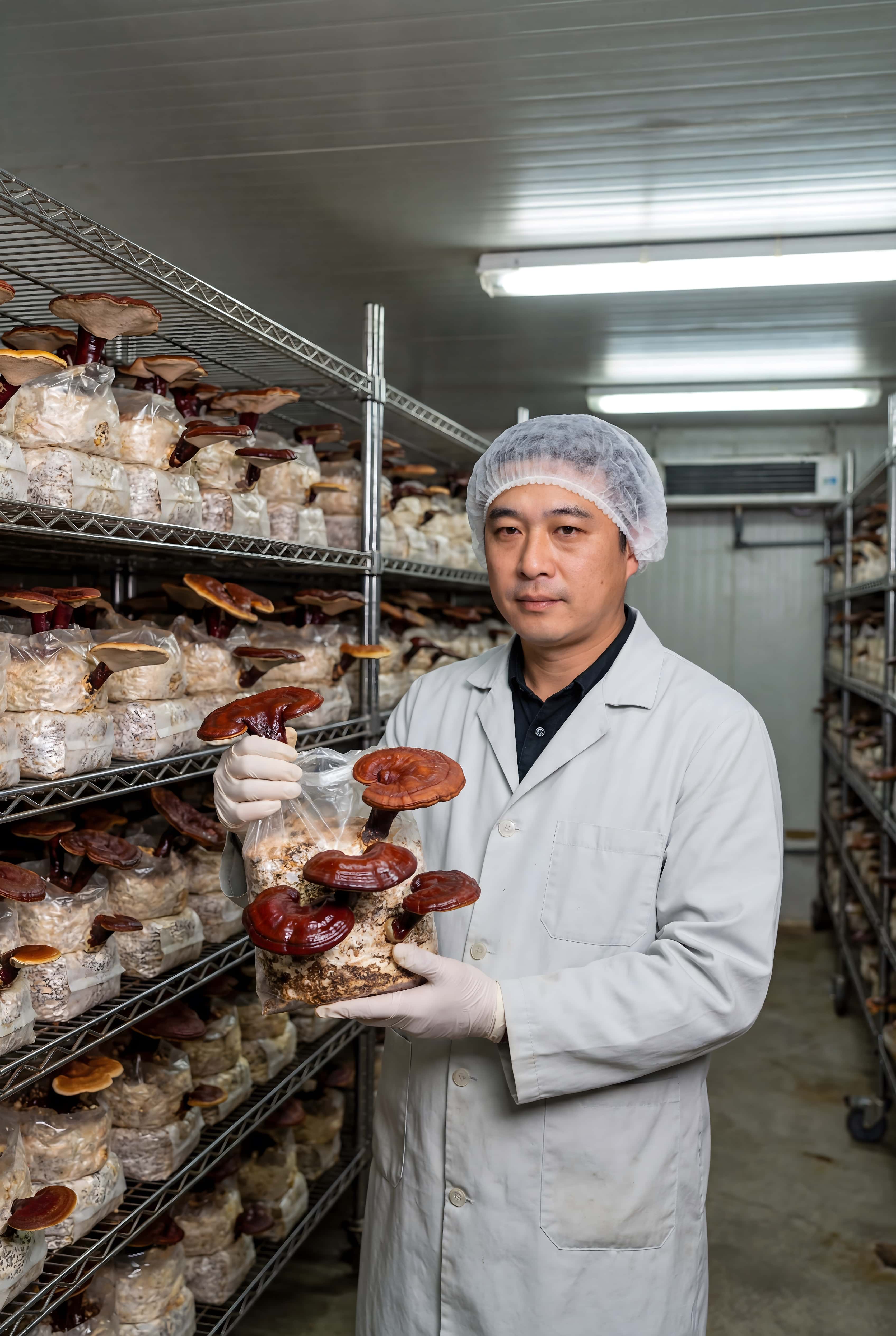 Kontrolleret dyrkning af Reishi vist i produktionsmiljø med spawn bags og reoler, anvendt som visuel kontekst i MUUZ Meet the Mushrooms.
